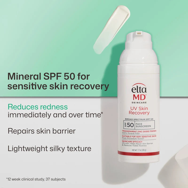 EltaMD mineral SPF 50 spray bottle with text on a green background