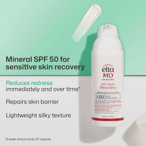 EltaMD mineral SPF 50 spray bottle with text on a green background